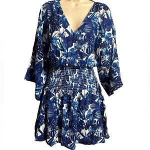 K Jordan Vibrant Blue Tropical Surplice Smocked Waist Bat Wing Sleeve Mini Dress
